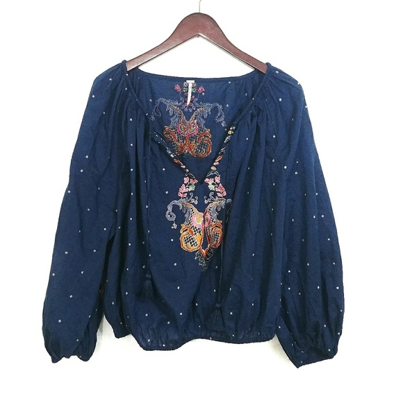 Free People Tops - ✨ Free People Embroidered Boho Top Tassle Blue